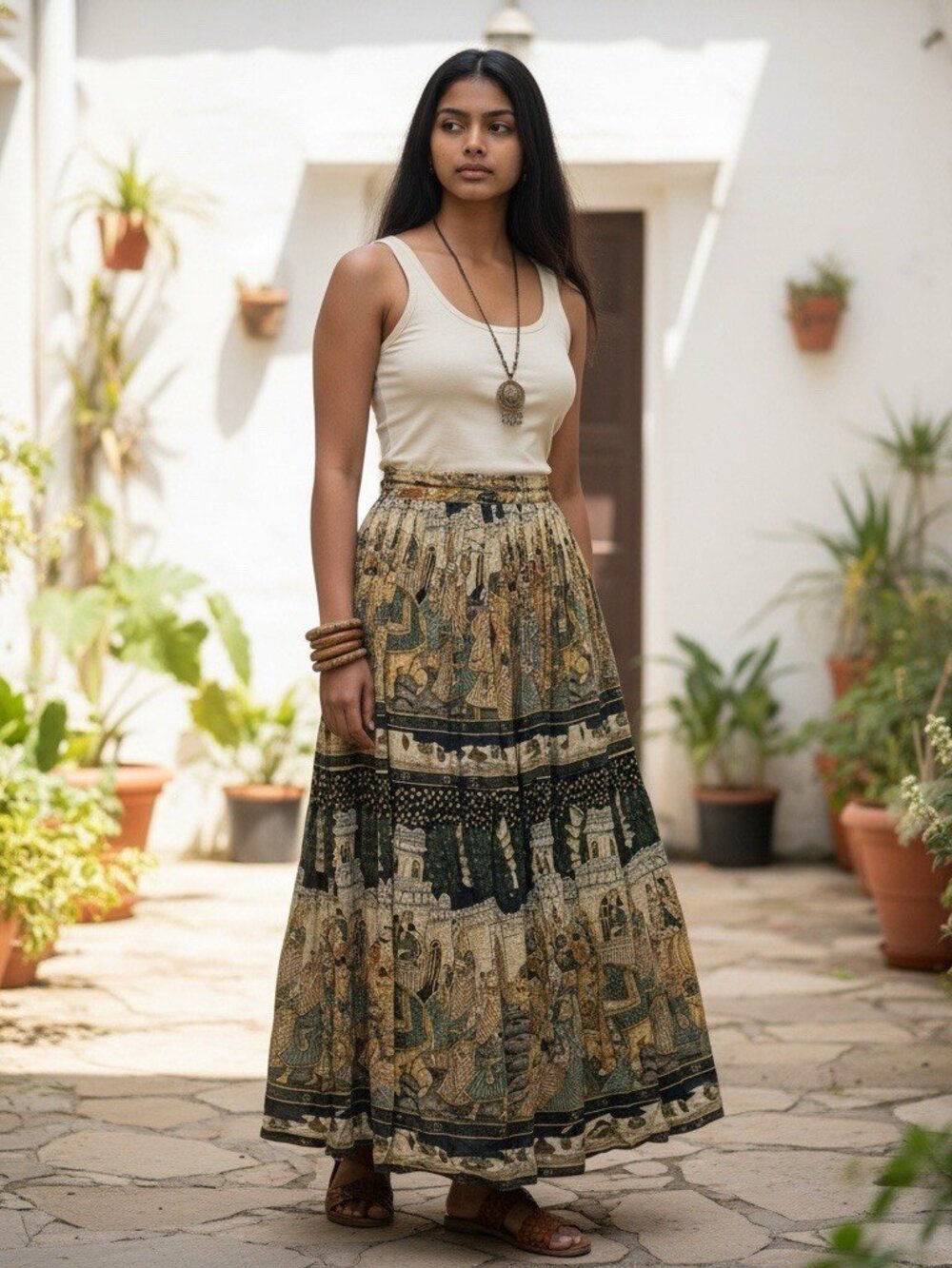 Vintage Boho Gauzy Sz XL Art To Wear Forest Fairy Lightweight Printed Maxi Skirt